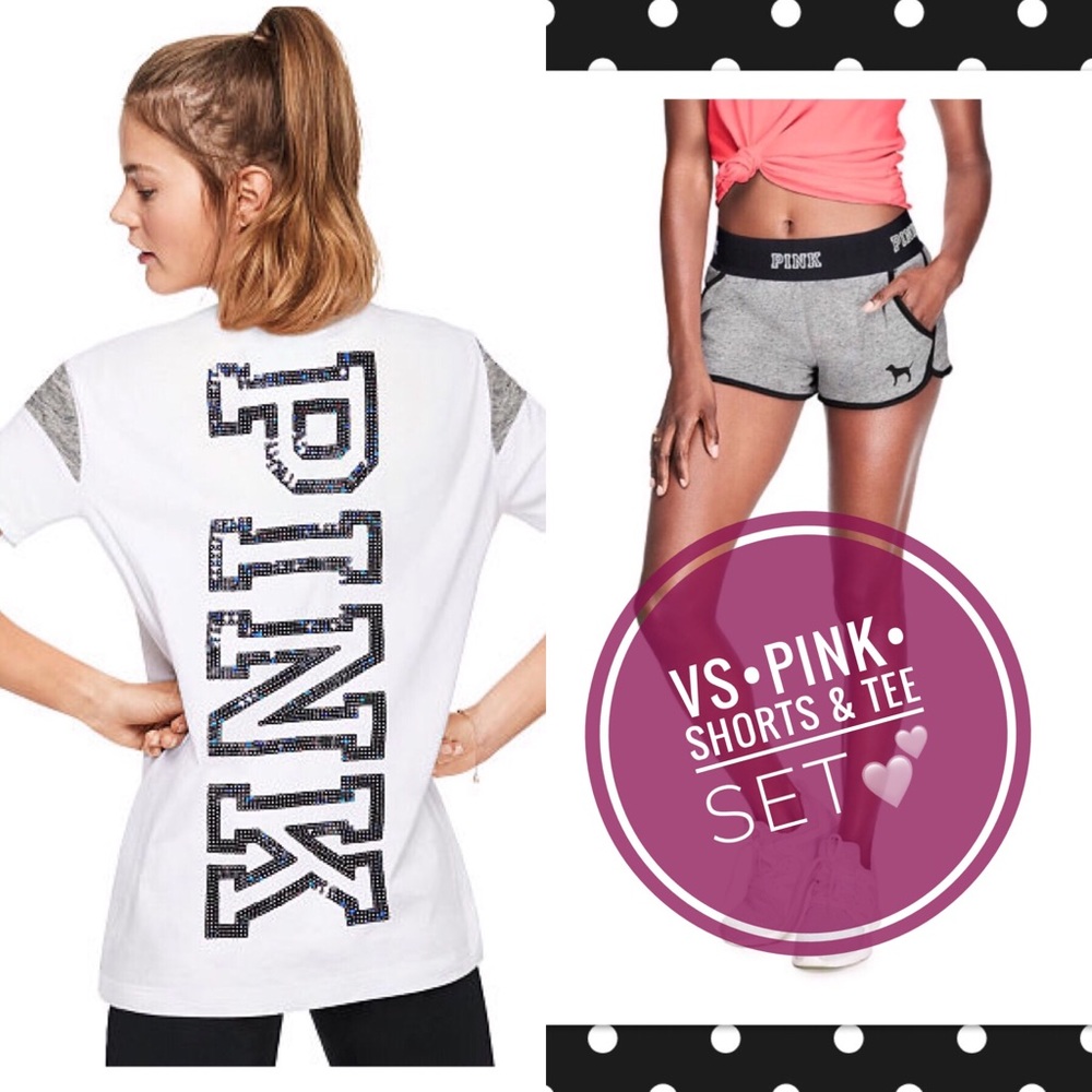 đź–¤SOLDđź–¤VS PINK Varsity Shorts &Bling Tee - Picture 1 of 8